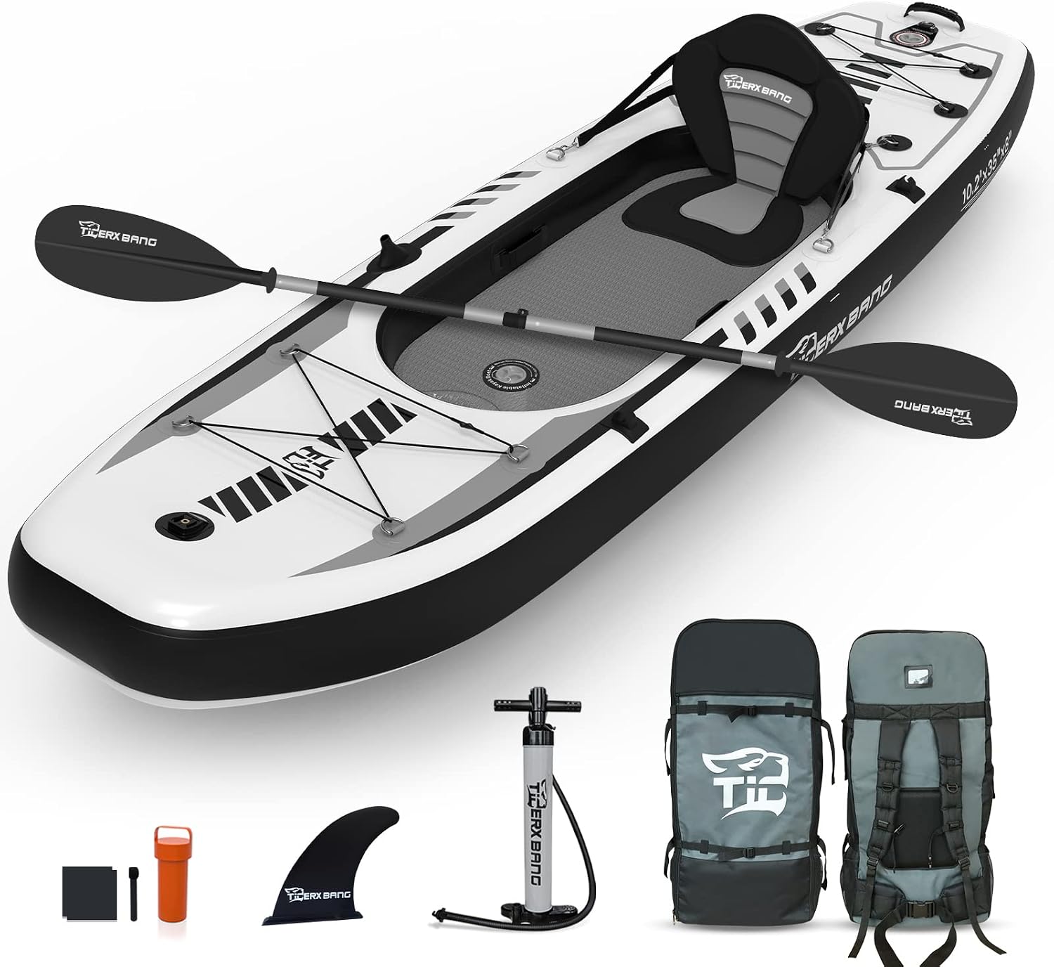 TIGERXBANG 10.2'x35''x8'' Inflatable Kayak with Detachable Seat, SUP-Kayak Set Includes Hand Pump/Aluminum Oar/Backpack, Boat for Adults/Youth | for Fishing, Touring