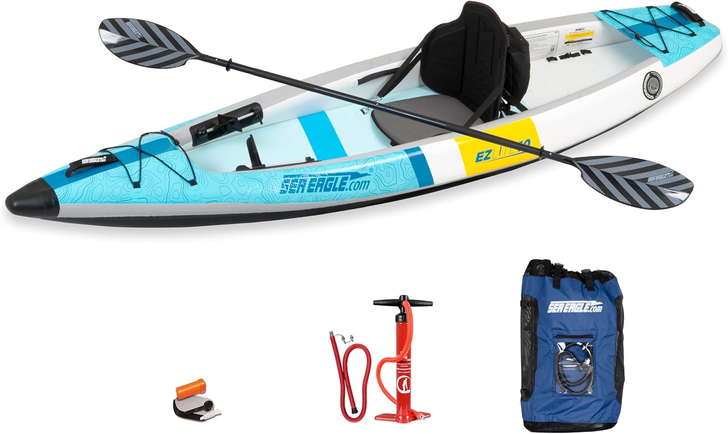 Sea Eagle EZLITE 10 Ultralight, All Woven, Drop Stitch, Rigid, High Performance, Easy Setup, 10' Solo Inflatable Kayak w/Backpack, Seat Paddle and Adjustable Footrests