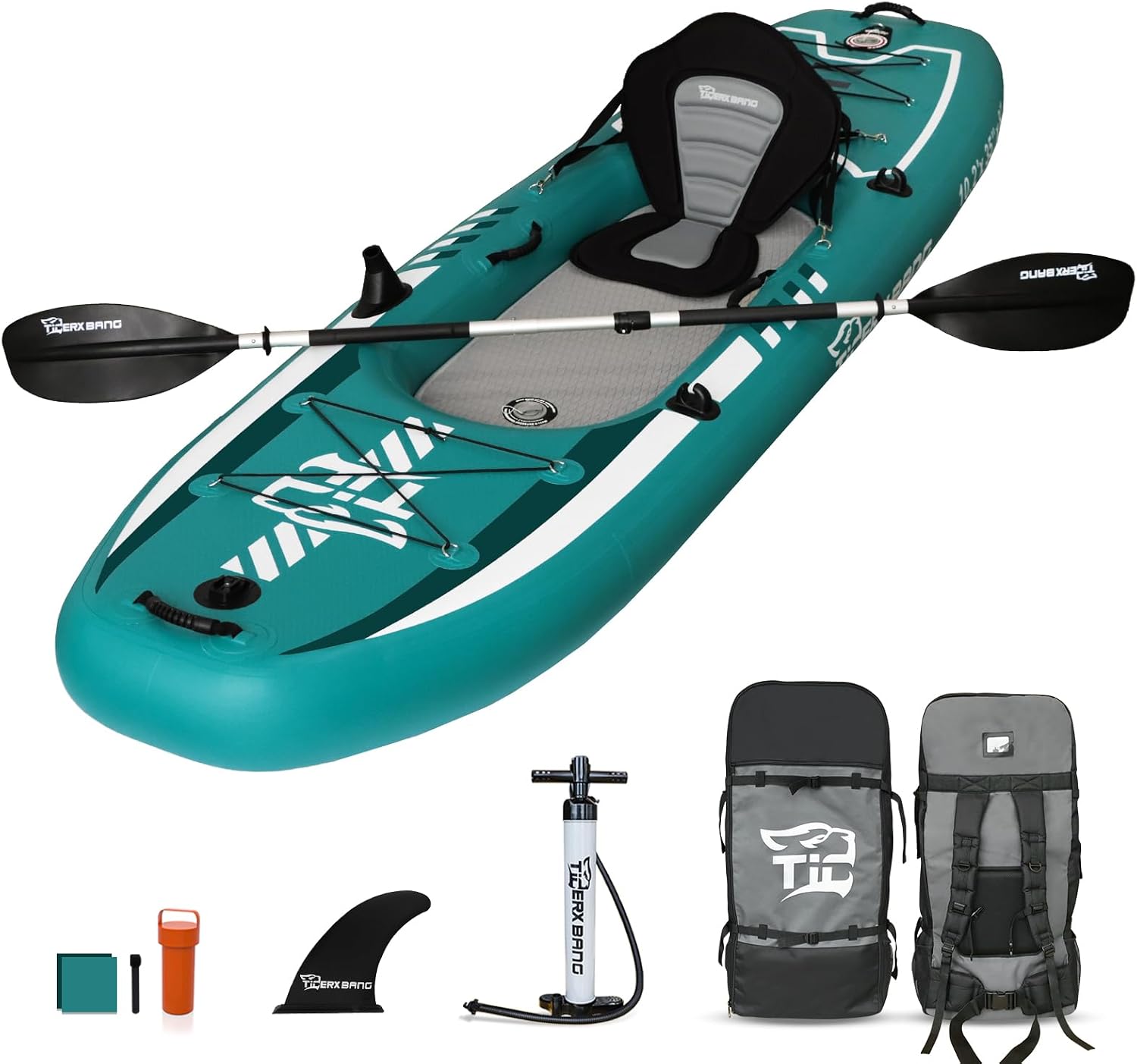TIGERXBANG 10.2'x35''x8'' Inflatable Kayak with Detachable Seat, SUP-Kayak Set Includes Hand Pump/Aluminum Oar/Backpack, Boat for Adults/Youth | for Fishing, Touring