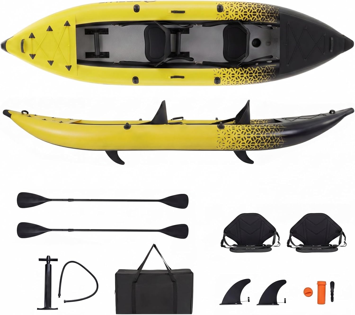 GYMAX Inflatable Kayak, 12.5Ft 507lbs Tandem Kayak with 2 Aluminum Paddles, 2 Padded Seats, Footrests, 2 Fins, Hand Pump, Carry Bag &amp; Repair Kit, 2 Person Fishing Touring Kayak for Adults
