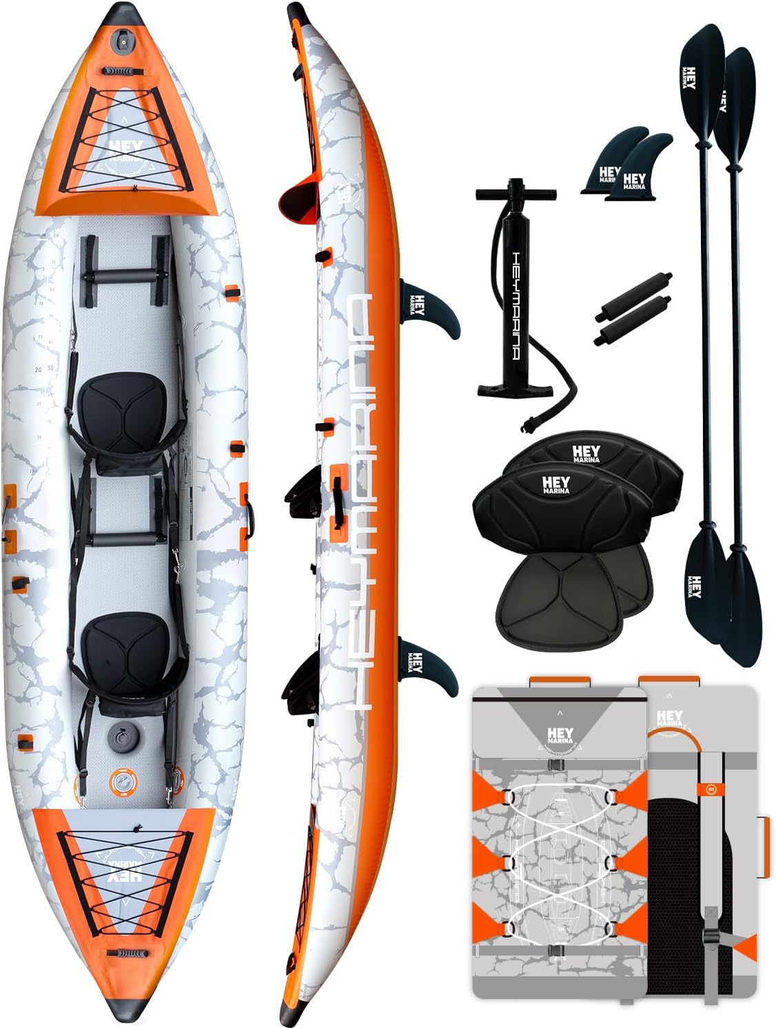 2 Person Inflatable Kayak Tandem Fishing Kayak for Adults, Portable Touring Kayak Canoe with Dual Floats, Drop-Stitch Floor and Fish Measuring Ruler, 12.5 FT