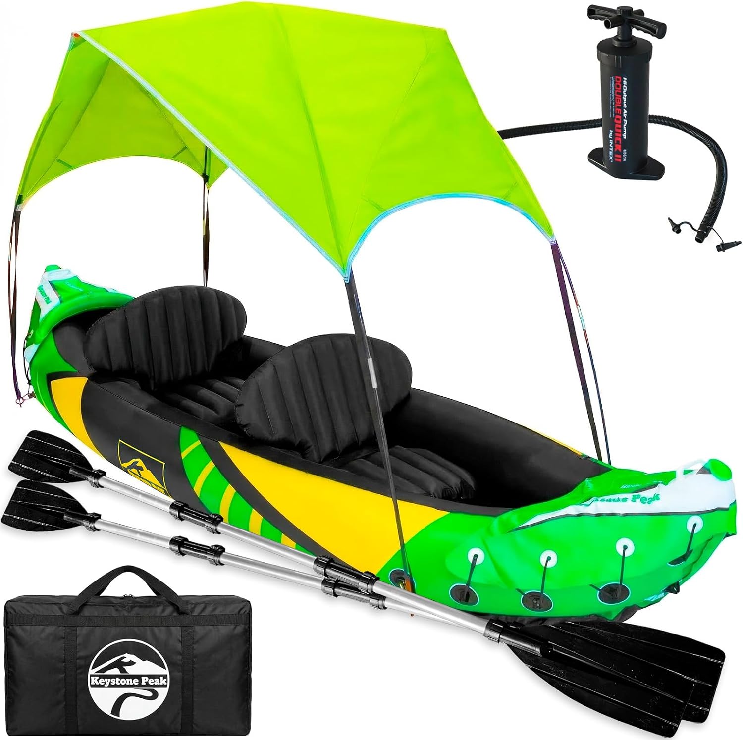 Inflatable Kayak 2 Person with Detachable Sun Canopy, Heavy-Duty Tandem Kayak for Adults, Reinforced Paddles, Waterproof Phone Bags, Adjustable Seats, Extra Seat for Dog or Child