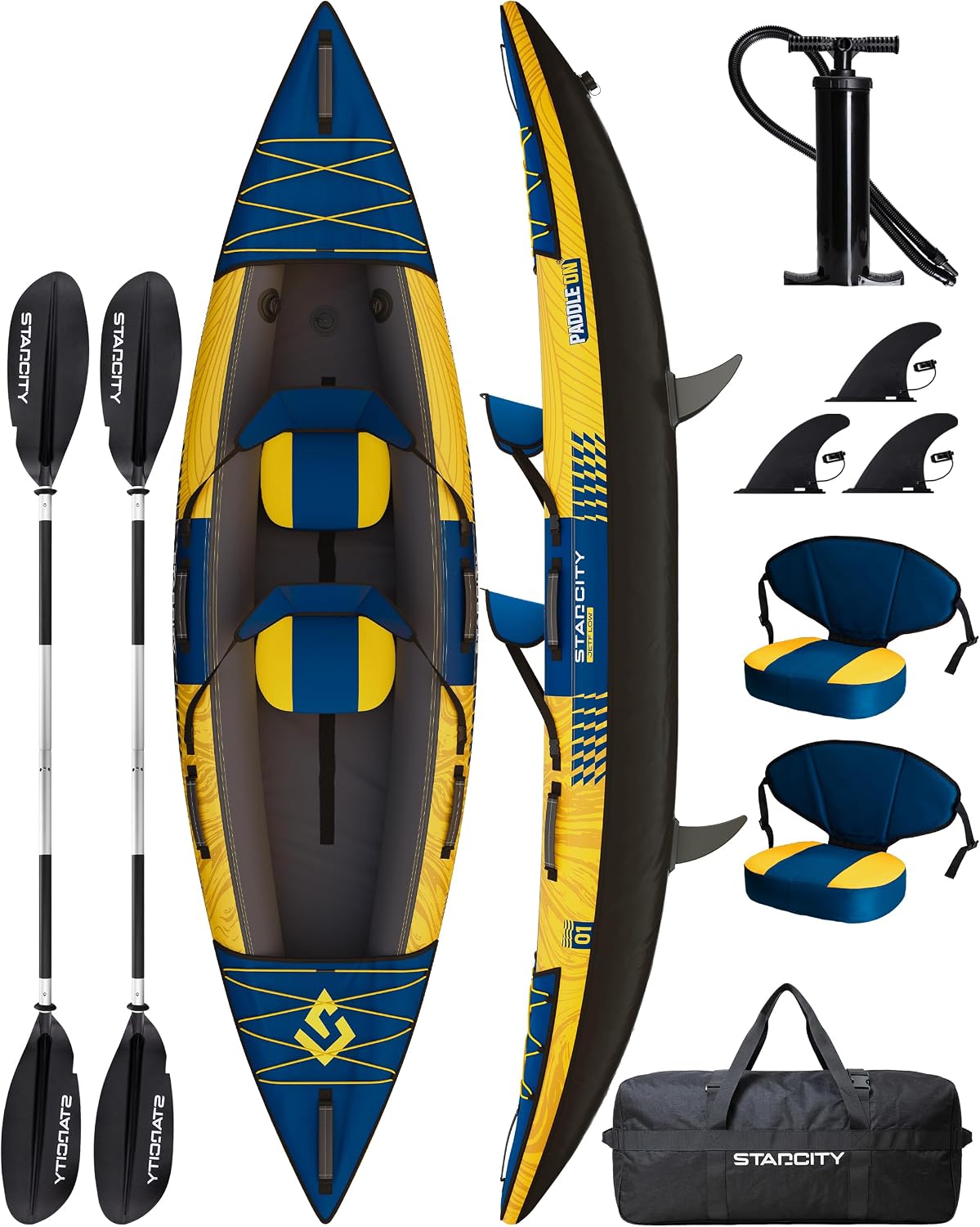 Starcity Kayak Inflatable Tandem wide stable touring and fishing design with 600 pound capacity, adjustable seat, and storage compartment