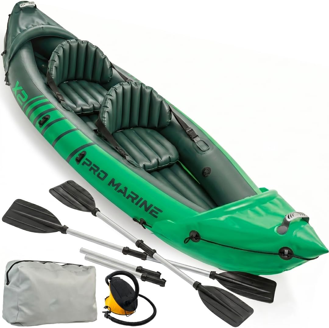 Brone Inflatable Tandem Kayak Set with Seats, Paddles, Pump, and Bag