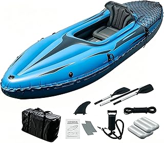 9ft Inflatable Fishing Kayak, 1-Person Foldable Boat, 220lb Capacity with Aluminum Oars, High Output Pump, Adjustable Seat, Removable Fins, Cargo Net for Adults, Lakes, Rivers and Fishing